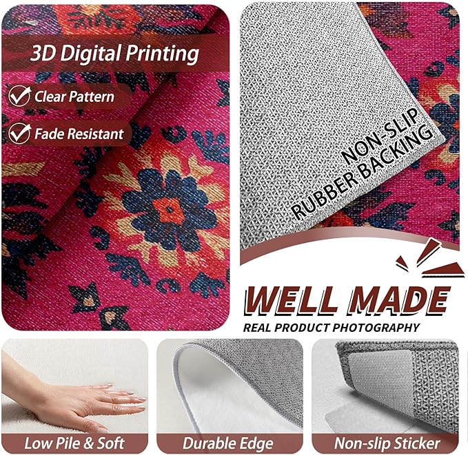 Southwestern Rug for Entryway Indoor - 3x4ft - Ethnic Vintage Floral Medallion Washable Non Slip Low Pile Small Rug for Bedroom, Southwestern Carpets Room Decor & Gifts