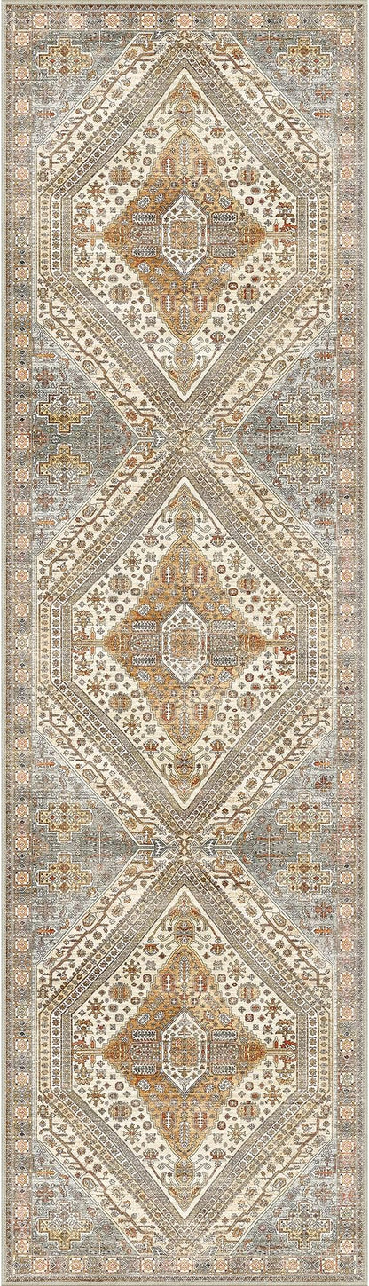 Bavni Runner Rug 2x12 Kitchen Rugs for Hallways Entryway, Washable Vintage Print Carpet, Ultra-Thin Chenille Low Pile Lightweight Rug with Non Slip Backing, Light Tan/Grey