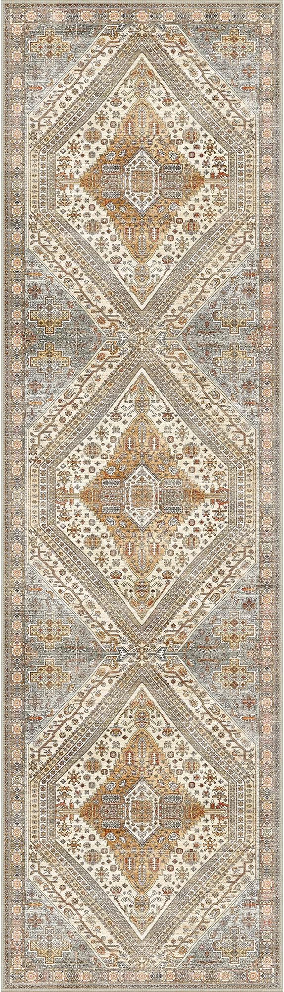 Bavni Kitchen Rug 2x5 Runner Rugs for Hallways Entryway, Washable Vintage Print Carpet, Ultra-Thin Chenille Low Pile Lightweight Rug with Non Slip Backing, Tan/Grey