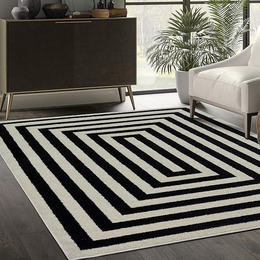 Abani Contemporary Black & Ivory 4' x 6' Area Rug, Contrasting Geometric Modern Stripe Symmetrical Living Room Carpet Rugs