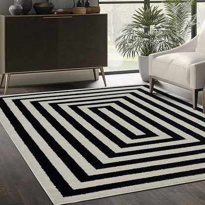 Abani Contemporary Area Rug, Contrasting Geometric Modern Stripe Symmetrical Living Room Carpet Rugs (Ivory Black, 2'2 x 12')
