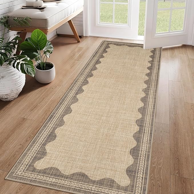 Scalloped Easy Jute Runner Rug,2x6 Kitchen Runner Rugs for Hallway Non Slip Washable Indoor Outdoor Carpet for Laundry Room Bedroom Entry 6ft