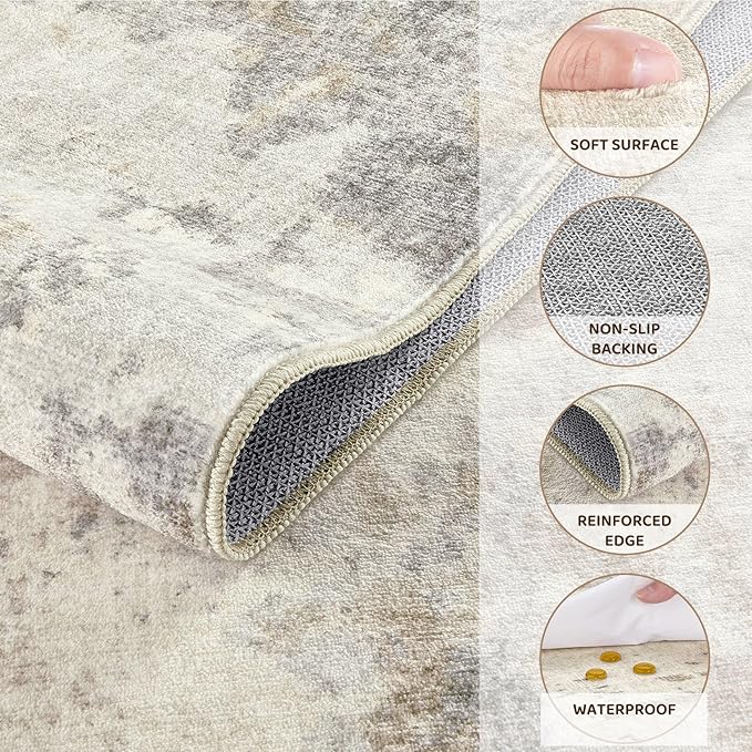 5x8 Area Rug Living Room Rugs - Washable Neutral Modern Abstract Soft Thin Rug Indoor Floor No Slip Rug Carpet for Bedroom Under Dining Table Home Office Decor - Light Brown/Gray