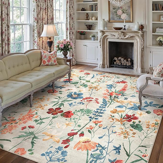 Beige Area Rug 8x10 Floral Washable Living Room Kitchen Boho Carpet Non Slip Low Pile Indoor Accent Lightweight Soft Throw Rug for Bedroom Office Dining Room Nursery Farmhouse