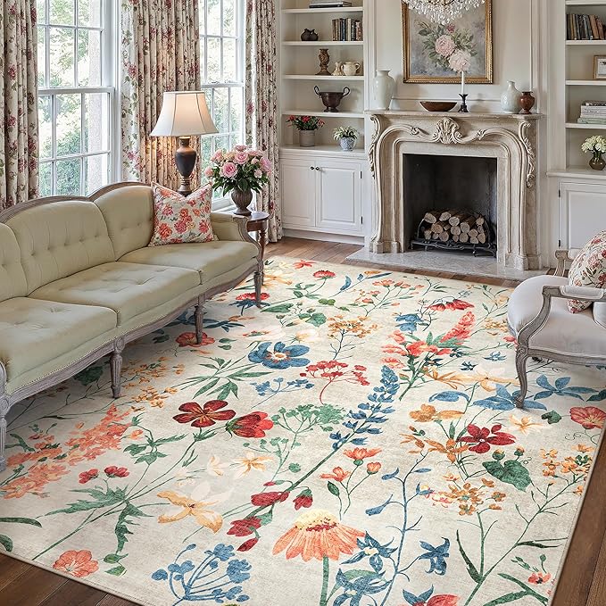 Beige Area Rug 6x9 Floral Washable Living Room Kitchen Boho Carpet Non Slip Low Pile Indoor Accent Lightweight Soft Throw Rug for Bedroom Office Dining Room Nursery Farmhouse