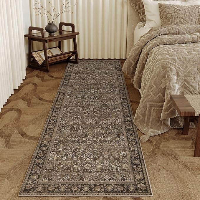HUGEAR 3x8 Runner Rug Machine Washable Brown Hallway Area Rug Indoor Accent Rugs Floral Low Pile Carpet Soft Throw Rugs Bedroom Living Room Office Dining Kitchen Laundry Non Slip