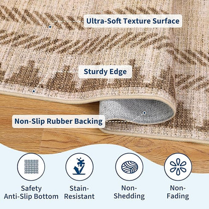 Bordered Printed Non Slip 2x6 Runner Rugs for Hallway Modern Geometric Washable Soft Long Kitchen Rug Stain Resistant Foldable Indoor Rug for Entryway Bedroom, Beige Brown