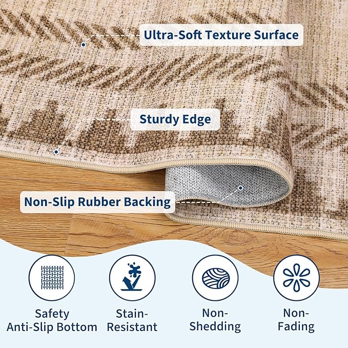 Geometric Bordered Washable 5x7 Area Rugs for Dining Room Bedroom Foldable Non Slip Soft Indoor Carpet Stain Resistant Modern Living Room Low Pile Rug with Rubber Back, Beige Brown