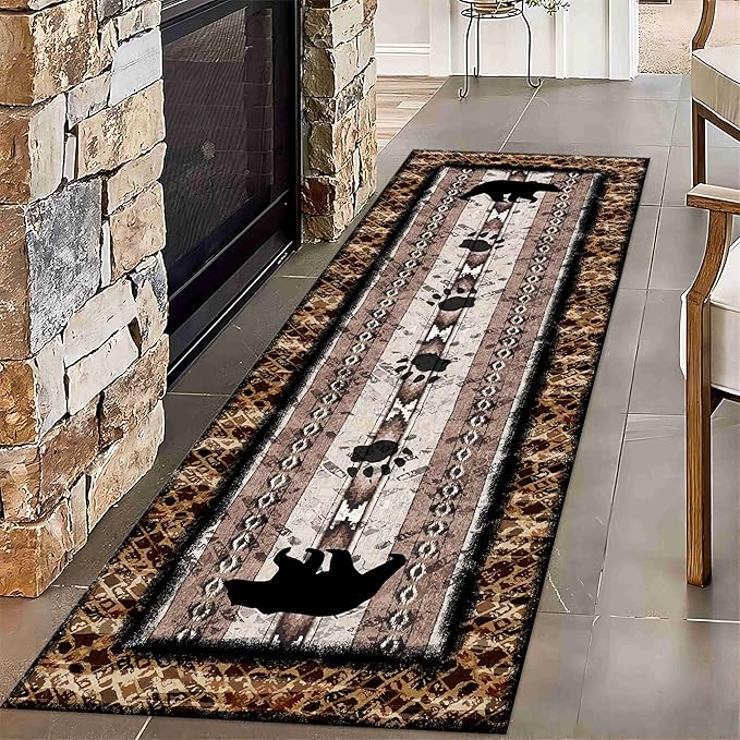 Unique Wildlife Runner Rug, 2x7ft, Bear Border Design Area Rug, Rustic Log Cabin Runner for Entryway, Rubber Backing Durable Floor Rug, Vintage Western Decoration, Fade-Resistant Print Carpet