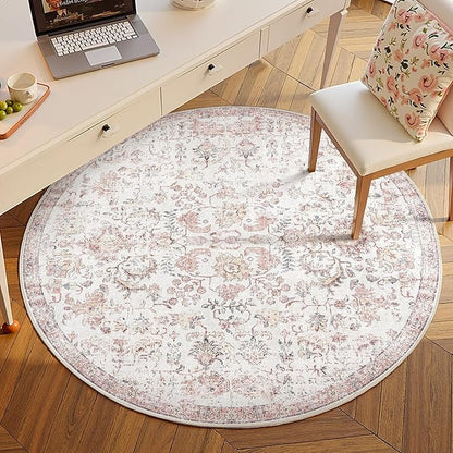 jinchan Kalen Round Rug 5ft Area Rug Washable Vintage Indoor Retro Accent Entryway Floor Cover Distressed Floral 5' Round Circle Boho Non Slip Thin Carpet for Bedroom Living Room Dining Room Red