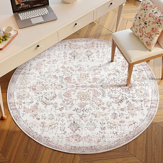 jinchan Kalen Round Rug 5ft Area Rug Washable Vintage Indoor Retro Accent Entryway Floor Cover Distressed Floral 5' Round Circle Boho Non Slip Thin Carpet for Bedroom Living Room Dining Room Red