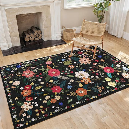 3x5 Area Rug, Floral Black Washable Rug for Entryway, Non Slip Flower Area Rugs, Soft Low Pile Indoor Doormat Small Carpet, Rugs for Living Room Bathroom Bedroom Nursery Kitchen Dining Room