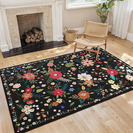 3x5 Area Rug, Floral Black Washable Rug for Entryway, Non Slip Flower Area Rugs, Soft Low Pile Indoor Doormat Small Carpet, Rugs for Living Room Bathroom Bedroom Nursery Kitchen Dining Room