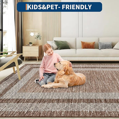 GarveeHome Large Washable Rug 9x12 Modern Geometric Non Slip Distressed Bordered Printed Rug, Soft Non Shedding Indoor Carpet, Low Pile Thin Foldable Mats for Open Spaces Offices, Brown