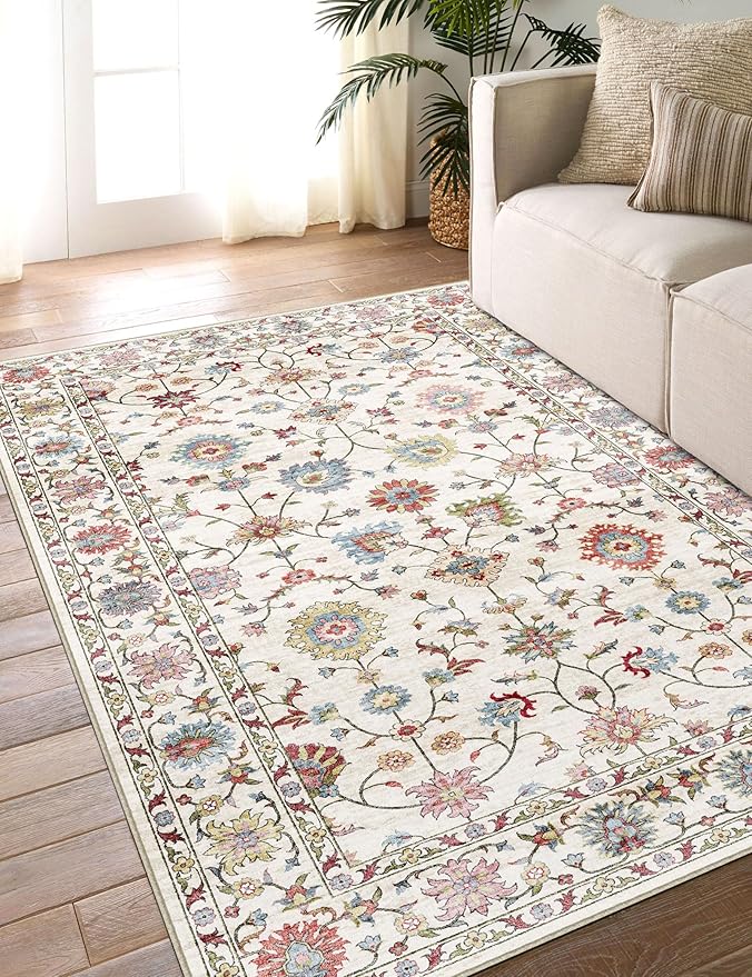 Washable Area Rug 4x6 - Traditional Floral Living Room Rug Soft Bedroom Rug Ultra-Thin Cream Colorful Vintage Farmhouse Dining Room Rugs Under Table Indoor Carpet for Living Room Office Mudroom