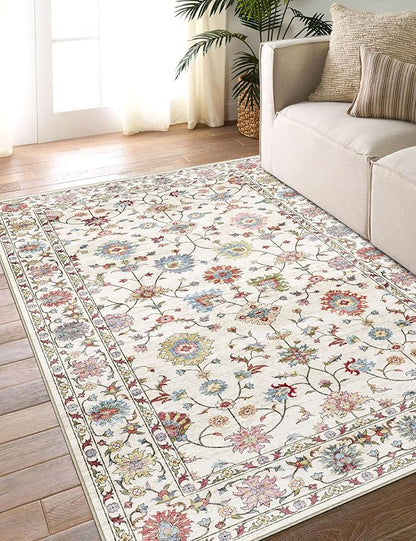 Washable Area Rug 4x6 - Traditional Floral Living Room Rug Soft Bedroom Rug Ultra-Thin Cream Colorful Vintage Farmhouse Dining Room Rugs Under Table Indoor Carpet for Living Room Office Mudroom
