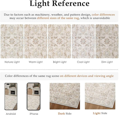 HUGEAR 8x10 Machine Washable Area Rugs Vintage Grey - Neutral Living Room Bedroom Rug Non Slip Stain Resistant Low Pile Aesthetic Throw Carpet Kids & Pet Friendly