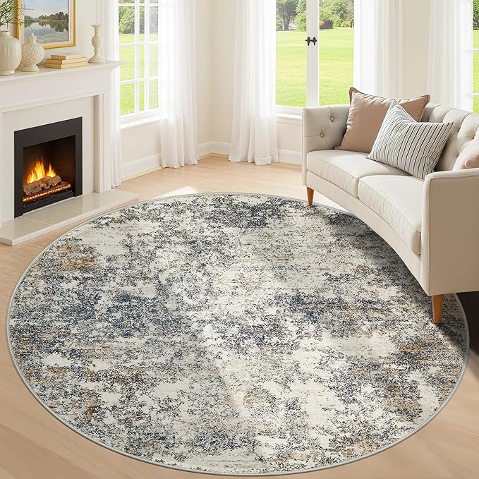6ft Washable Round Rug - 6x6 Area Rugs Modern Abstract Rugs for Living Room Non-Slip Low Pile Soft Machine Washable Carpet for Bedroom, Living Room, Dining Room, Nursery, Farmhouse (6'x6' Tan Blue)