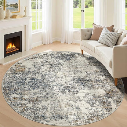 6ft Washable Round Rug - 6x6 Area Rugs Modern Abstract Rugs for Living Room Non-Slip Low Pile Soft Machine Washable Carpet for Bedroom, Living Room, Dining Room, Nursery, Farmhouse (6'x6' Tan Blue)
