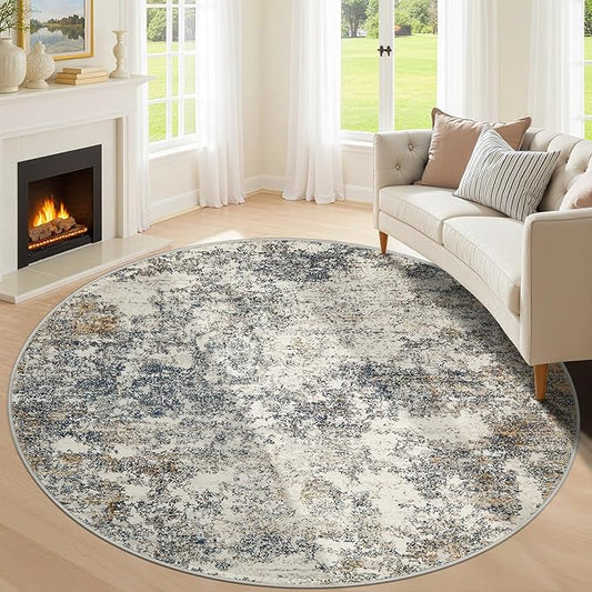 8ft Washable Round Rug - 8x8 Area Rugs Modern Abstract Rugs for Living Room Non-Slip Low Pile Soft Machine Washable Carpet for Bedroom, Living Room, Dining Room, Nursery, Farmhouse (8'x8' Tan Blue)