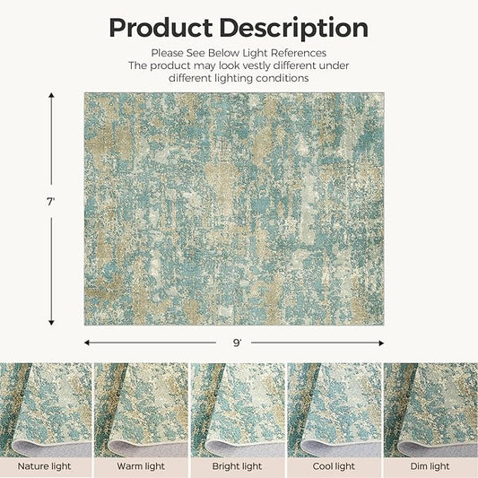 WITSHOCK Living Room Area Rugs 7x9：Modern Abstract Machine Washable Large Rug for Bedroom Dining Room Non-Slip Stain Resistant Home Office Decor,Teal Brown
