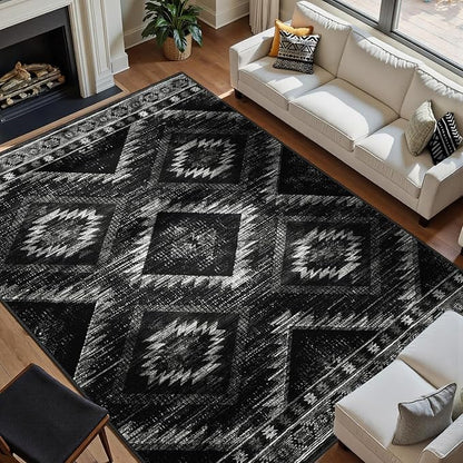 Area Rug 9x12 Rug Machine Washable Non-Slip Low Pile Print Pattern Western Rug for Living Room Bedroom Entryway Tribal Series -Black