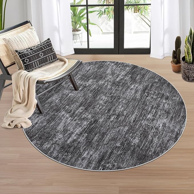 RUGSREAL 3x3 Round Area Rug Small Washable Circle Rug Non Slip Stain Resistant Entry Mat Modern Solid Color Round Living Room Carpet Low Pile Soft Bedroom Mat Neutral Rug for Bedside Nursery, Grey