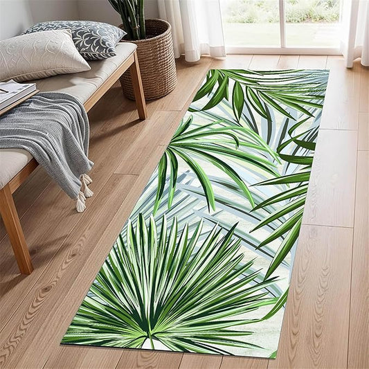 Hall Runner Rug 3.3x10 ft Non-Slip - Tropical Palm Leaves Design in Emerald Green - Easy Clean Washable Carpet for Hallway, Entryway, Bedroom - Durable Floor Decor