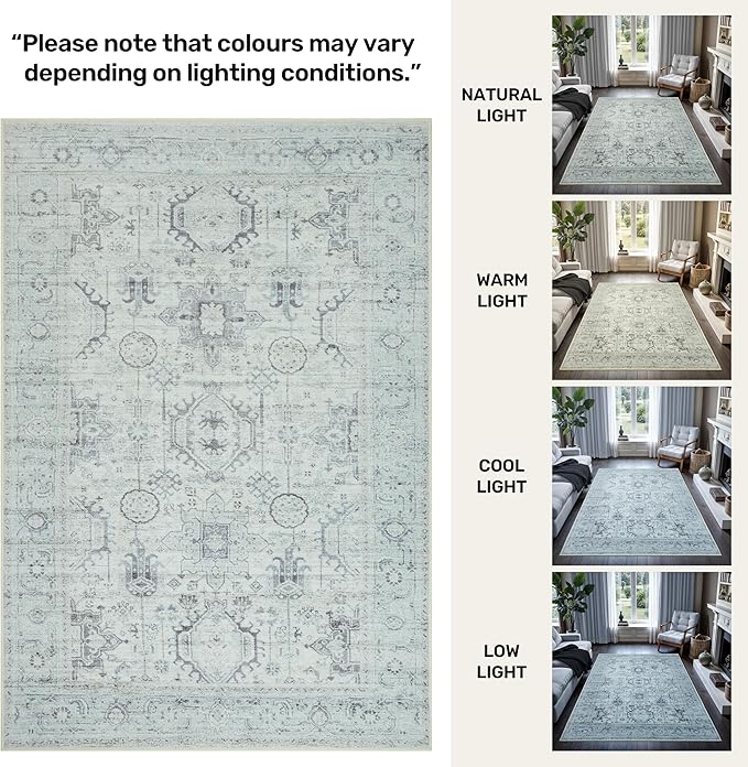 GLN Rugs Traditional Collection - Machine Washable Area Rug, Traditional Washable, Non Slip, Low Pile Chenille Rug, Living Room, Bedroom, Kitchen Rug (2' x 3' Cream/Gray/Sea Salt)