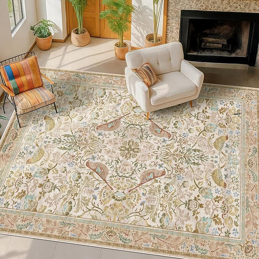 Washable Area Rugs 5x7 for Living Room - Boho Cottagecore Earthy Rugs for Bedroom, Dinning Room, Office with Vintage Beige Taupe Botanical & Bird Pattern, Non Slip Stain Resistant Low Pile