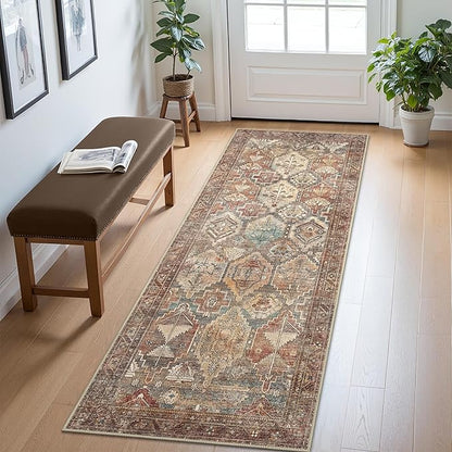 Bavni Washable Rug 5x7 Area Rug for Living Room Bedroom Dining, Washable Vintage Print Carpet, Ultra-Thin Low Pile Lightweight Rug with Non Slip Backing, Reddish Brown