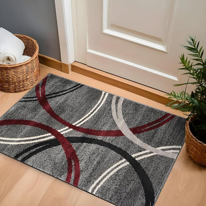 Rugshop Modern Wavy Circles Design Non-Shedding Accent Rug, Carpet for Entryway or Laundry Room, Red, 2'7" x 4'