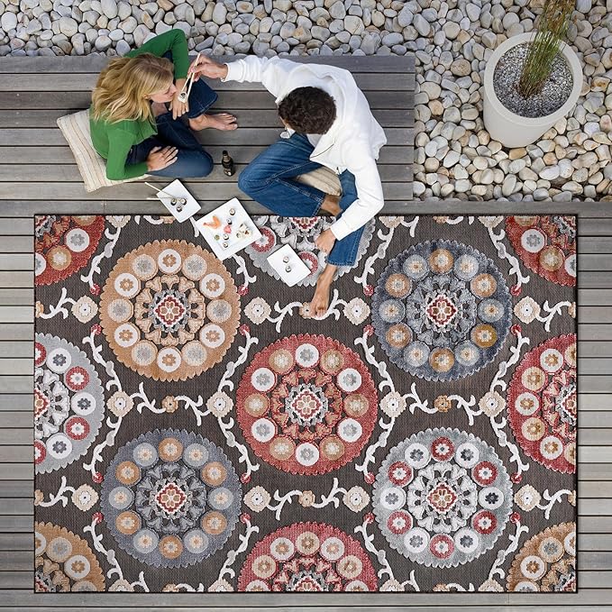 CAMILSON Indoor Outdoor Rug 5x7 Bohemian Medallion Floral Area Rugs for Indoor and Outdoor Patios Easy-Cleaning Non-Shedding Living Room Garden and Kitchen Washable Outside Carpet (5 x 7 / Brown)