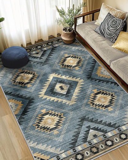 BESTSWEETIE Area Rug 8x10 Rug Machine Washable Non-Slip Low Pile Print Pattern Western Rug for Living Room Bedroom Navy/Grey