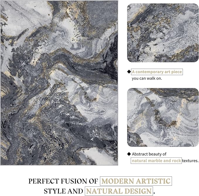 Abstract 8x10 Area Rugs: Modern Washable Rug for Living Room Bedroom Dining Room Indoor - Thin Low Pile Non-Slip Large Carpet - Black Gold