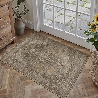 2x3 Brown Washable Vintage Area Rug for Living Room Bedroom Non Slip Distressed Traditional Soft Throw Rug Low Pile Lightweight Floral Doormat Entryway Dining Laundry Room Kitchen