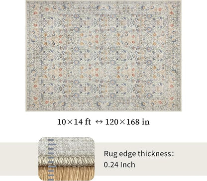 Washable Living Room Rug: 10x14 Boho Floral Soft Area Rug for Bedroom Decor - Vintage Low Pile Thin Carpet for Dining Room Non-Slip - Farmhouse Stain Resistant Rugs - Beige Blue