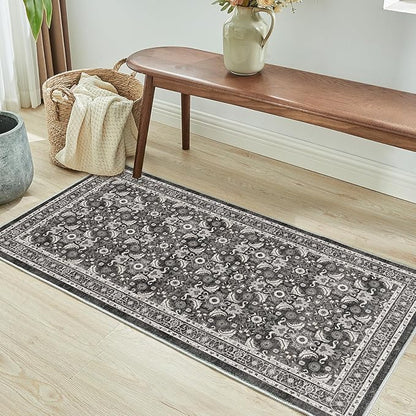 WITSHOCK Washable 2x4 Entryway Area Rug: Soft Non-Slip Backing Washable Rugs Vintage Flower Boho Accent Small Rugs for Bedroom, Kitchen, Bathroom, Nursery Entrance,Black