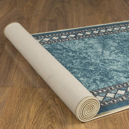 Antep Rugs Alfombras Modern Bordered 2x10 Non-Skid (Non-Slip) Low Profile Pile Rubber Backing Indoor Area Runner Rugs (Blue, 2' x 10')