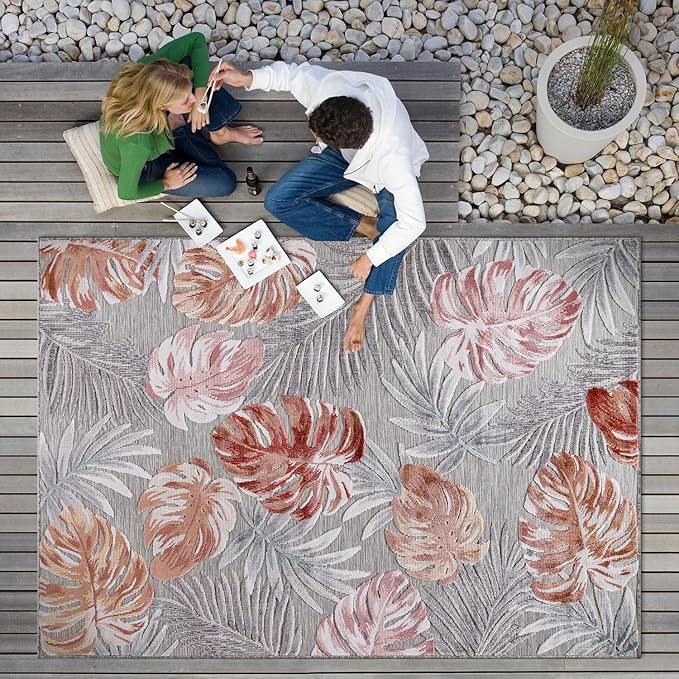 CAMILSON Indoor Outdoor Rug, Multi 5x7 Leaf Tropical Botanical Area Rugs for Indoor and Outdoor patios, Easy-Cleaning Non-Shedding Living Room, Garden and Kitchen Washable Outside Carpet (5 x 7)