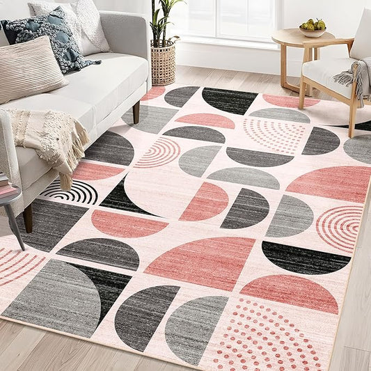 MUJOO Pink Rug Washable,5x7 Area Rugs for Living Room Bedroom,Boho Large Throw Floor Carpet Non Slip Soft Modern Abstract Pink and Grey