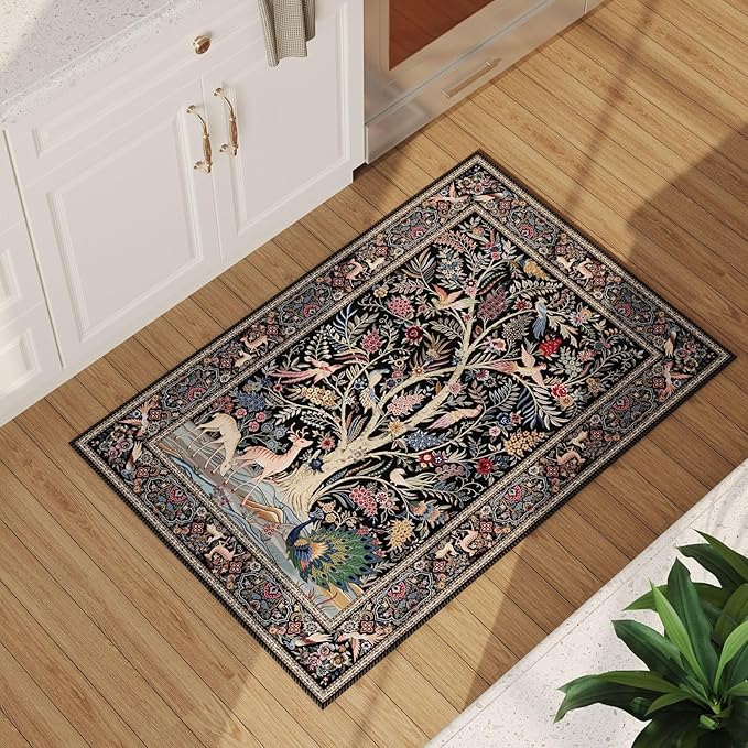 Rugcomf Indoor Door Mat 2x3 Rug Vibrant Tree of Life-Patterned Vintage Machine Washable Small Area Rug Non-Slip Low Pile Throw Rugs for Entryway Kitchen Front Door Entrance Entry Kids Room, Black