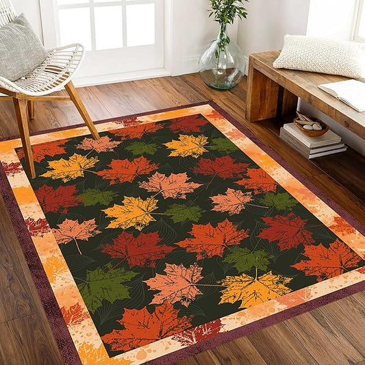 Fall Themed Area Carpet, 6x8ft, Autumn Fallen Leaves Print Pattern Retro Rustic Style Dark Stain Resistant Throw Rug, Low-Profile Non Slip Breathable Floor Mat for Dining Room Laundry