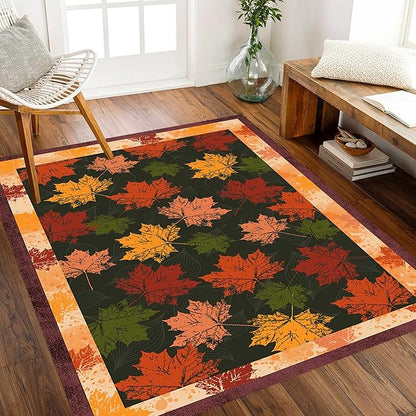 Fall Themed Area Carpet, 5x8ft, Autumn Fallen Leaves Print Pattern Retro Rustic Style Dark Stain Resistant Throw Rug, Low-Profile Non Slip Breathable Floor Mat for Dining Room Laundry