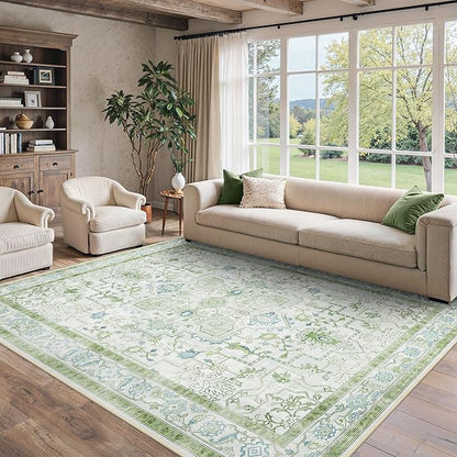 8x10 Area Rugs for Living Room, Machine Washable Non Slip Vintage Rugs, Low Pile Lightweigt Print Indoor Rug for Bedroom, Dining Room, Home Office, Cream Green