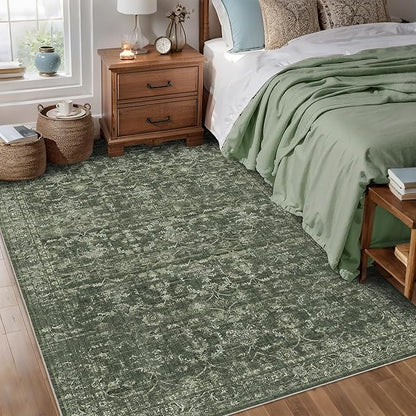 Washable Area Rug 6x9 Green Rugs for Living Room, Vintage Boho Large Rug for Bedroom Dining Room Office, Distressed Floral Print Carpet for Under Table, Soft Non Slip Low Pile Throw Carpet Indoor Mat