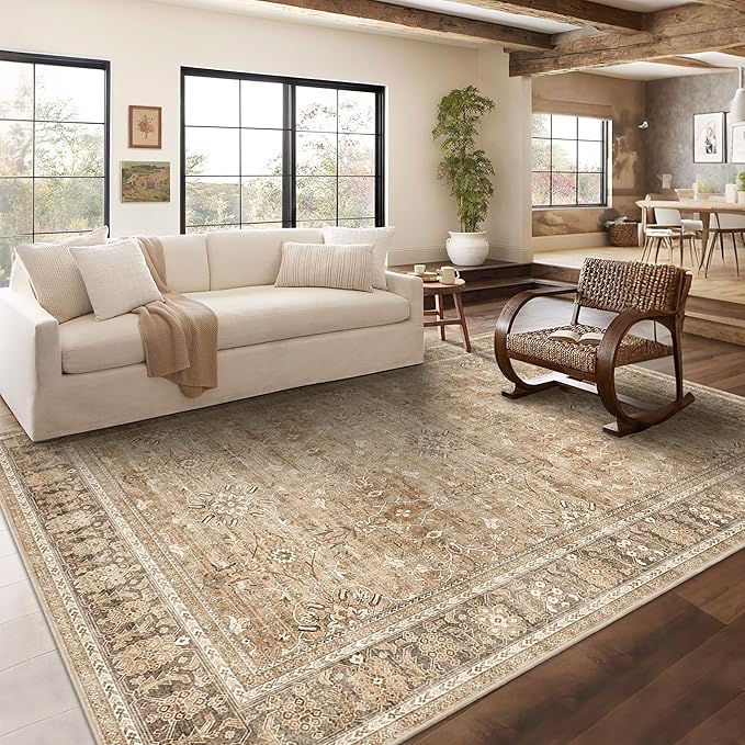 HelloTree Washable Rugs 9x12 Area Rug for Living Room, Vintage Boho Khaki Rug Non Slip Carpet Retro Accent Indoor Mat Print Distressed Low Pile Throw Large Rug for Office Dining Room Bedside-Khaki