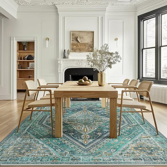 Bavni Washable Rug 8x10 Area Rug for Living Room Bedroom Dining, Washable Vintage Print Carpet, Ultra-Thin Chenille Low Pile Lightweight Rug with Non Slip Backing, Blue/Green