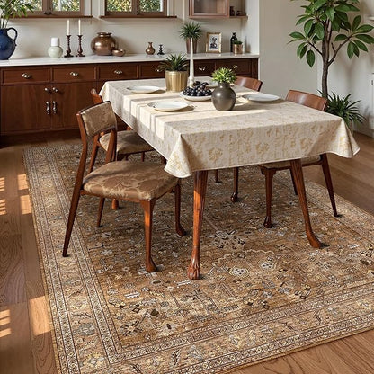 Washable Area Rug 3' x 5 ' Vintage Traditional Persian Mat - Foldable Distressed Non-Slip Machine Washable Carpet for Living Room Bedroom Kitchen Home Decor - Bronze and Ivory