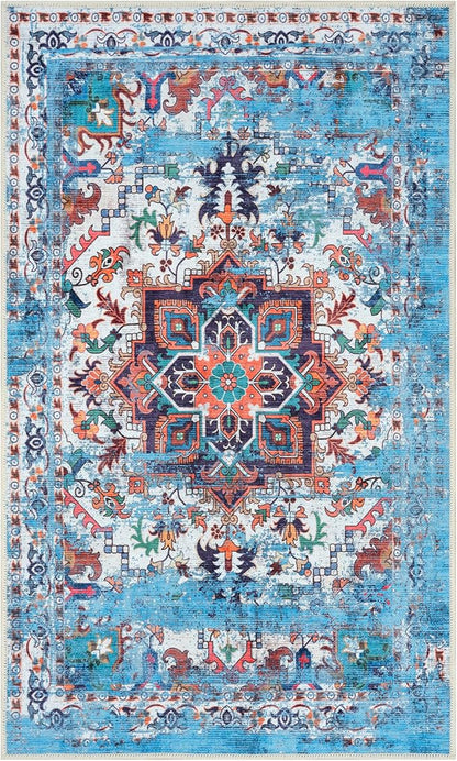 GLN Rugs Traditional Collection - Machine Washable Area Rug, Traditional Washable, Non Slip, Low Pile Chenille Rug, Living Room, Bedroom, Kitchen Rug (2' x 3' Blue/Multicolor)
